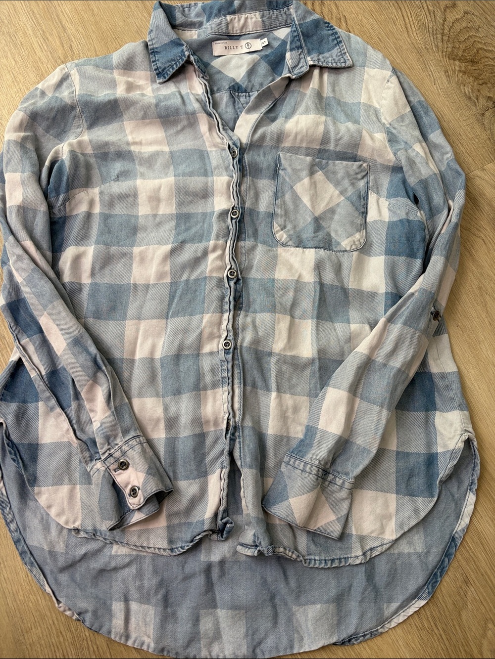 Billy T Mabry Chambray Plaid High-Low Button-Down Top size small stitch fix - Picture 3 of 7